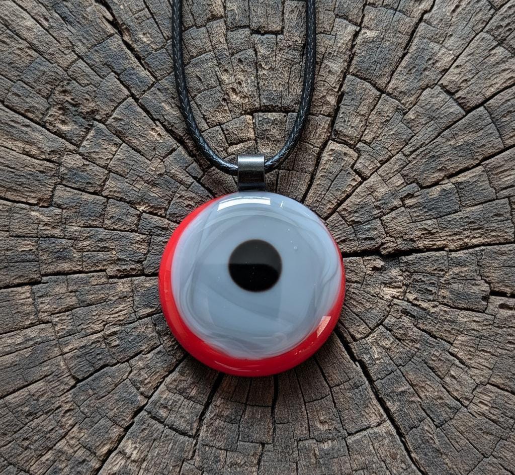 Red, grey and black circles fused glass pendant with cord necklace, handmade jewellery