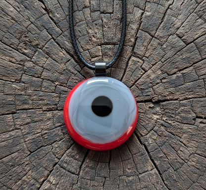Red, grey and black circles fused glass pendant with cord necklace, handmade jewellery
