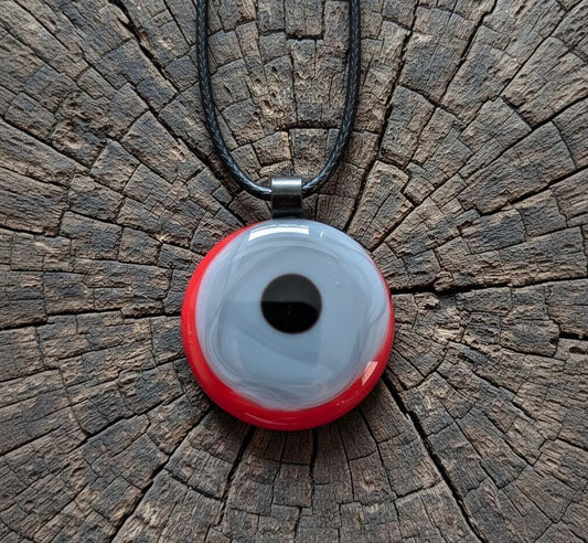 Red, grey and black circles fused glass pendant with cord necklace, handmade jewellery