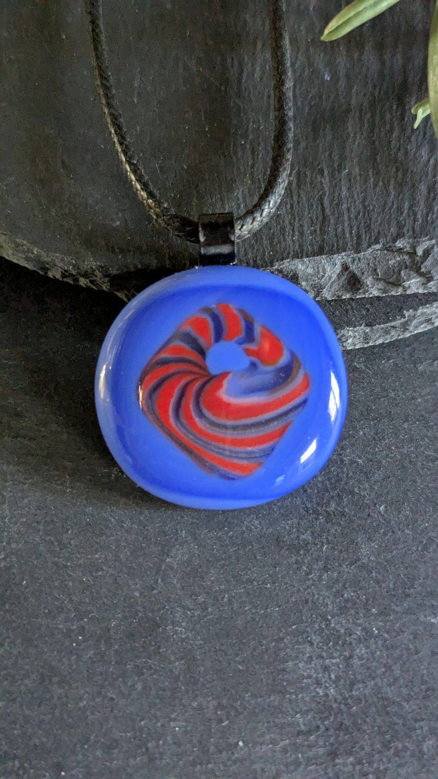 Blue and red patterned fused glass pendant with cord necklace, handmade jewellery