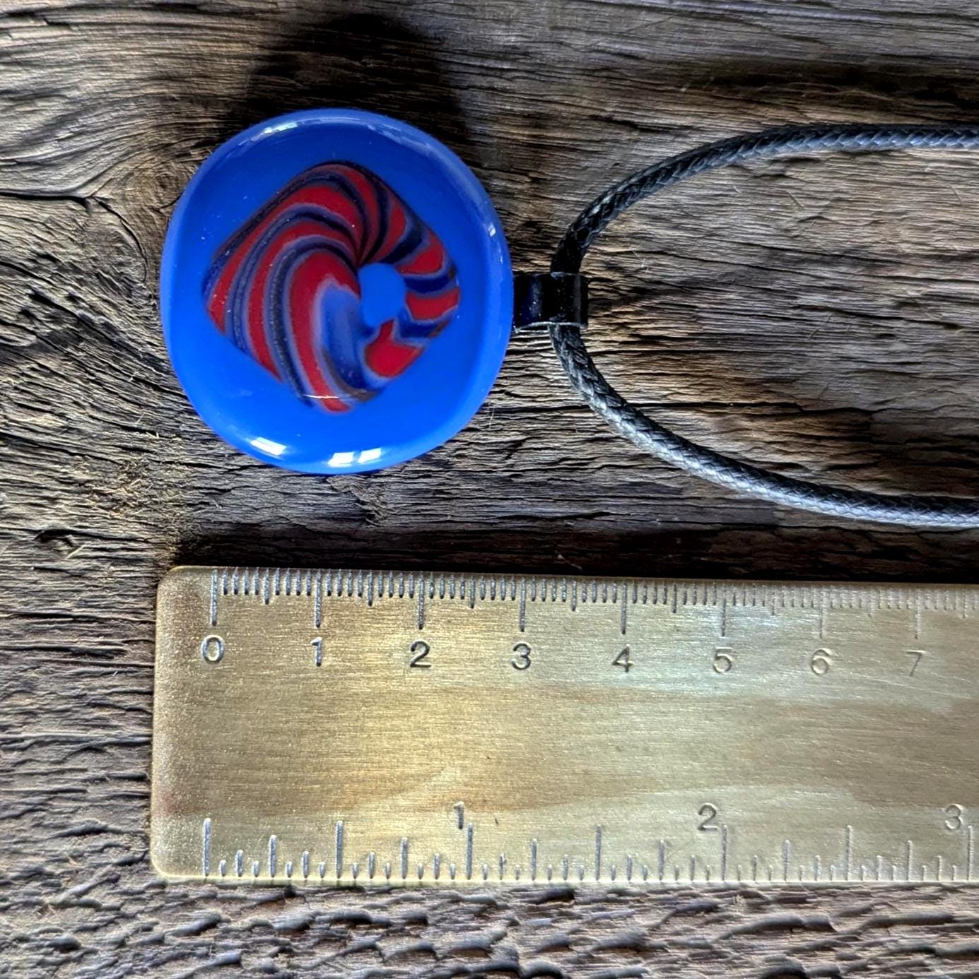 Blue and red patterned fused glass pendant with cord necklace, handmade jewellery