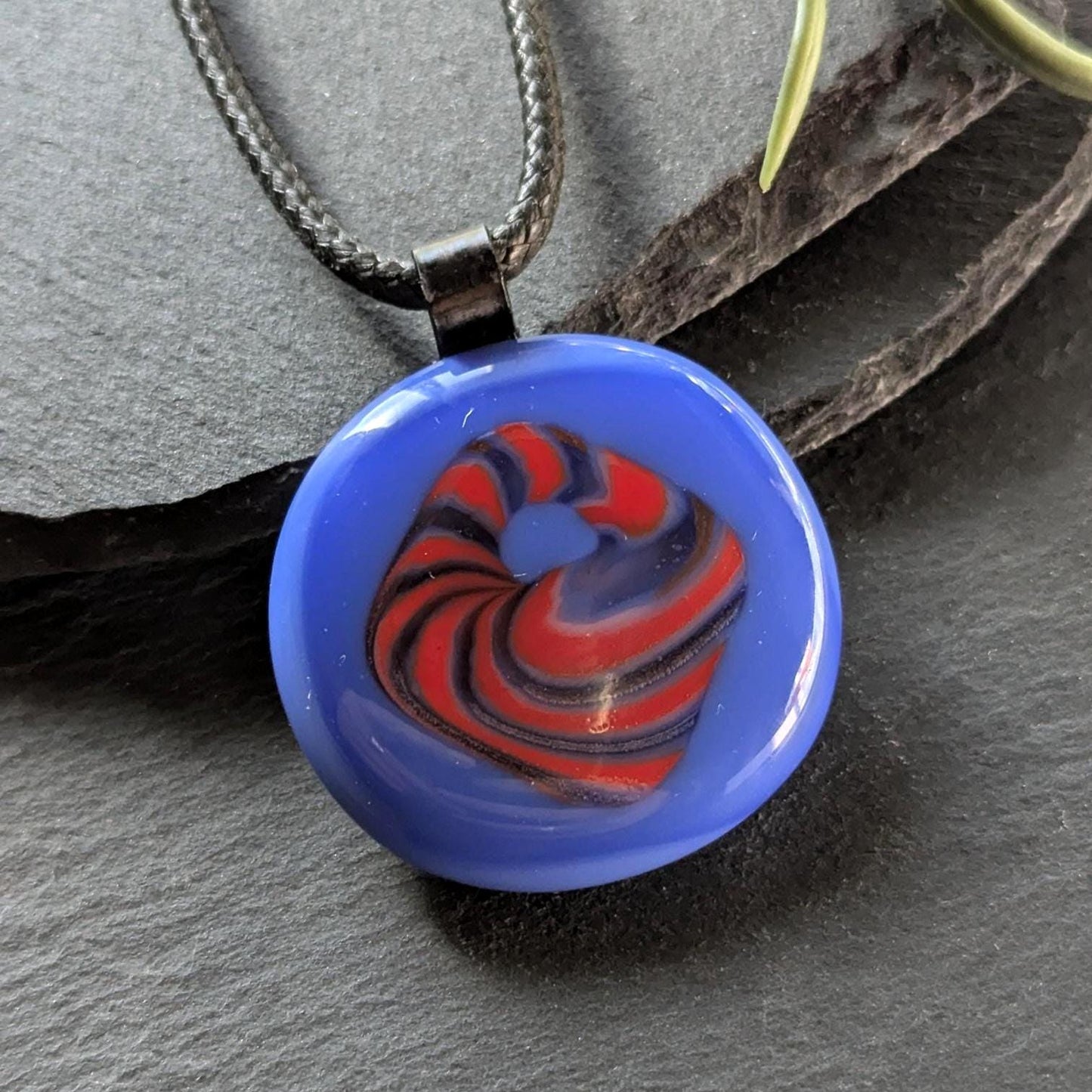Blue and red patterned fused glass pendant with cord necklace, handmade jewellery