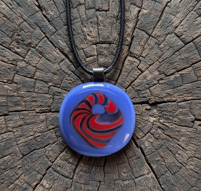 Blue and red patterned fused glass pendant with cord necklace, handmade jewellery