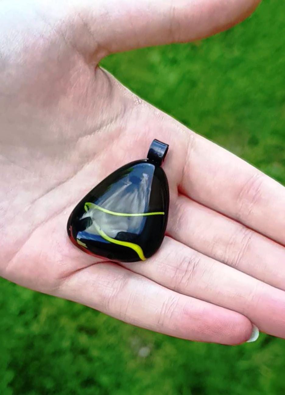 Handcrafted upcycled black brown glass necklace pendant, created from an old marble - BlixxiCreations