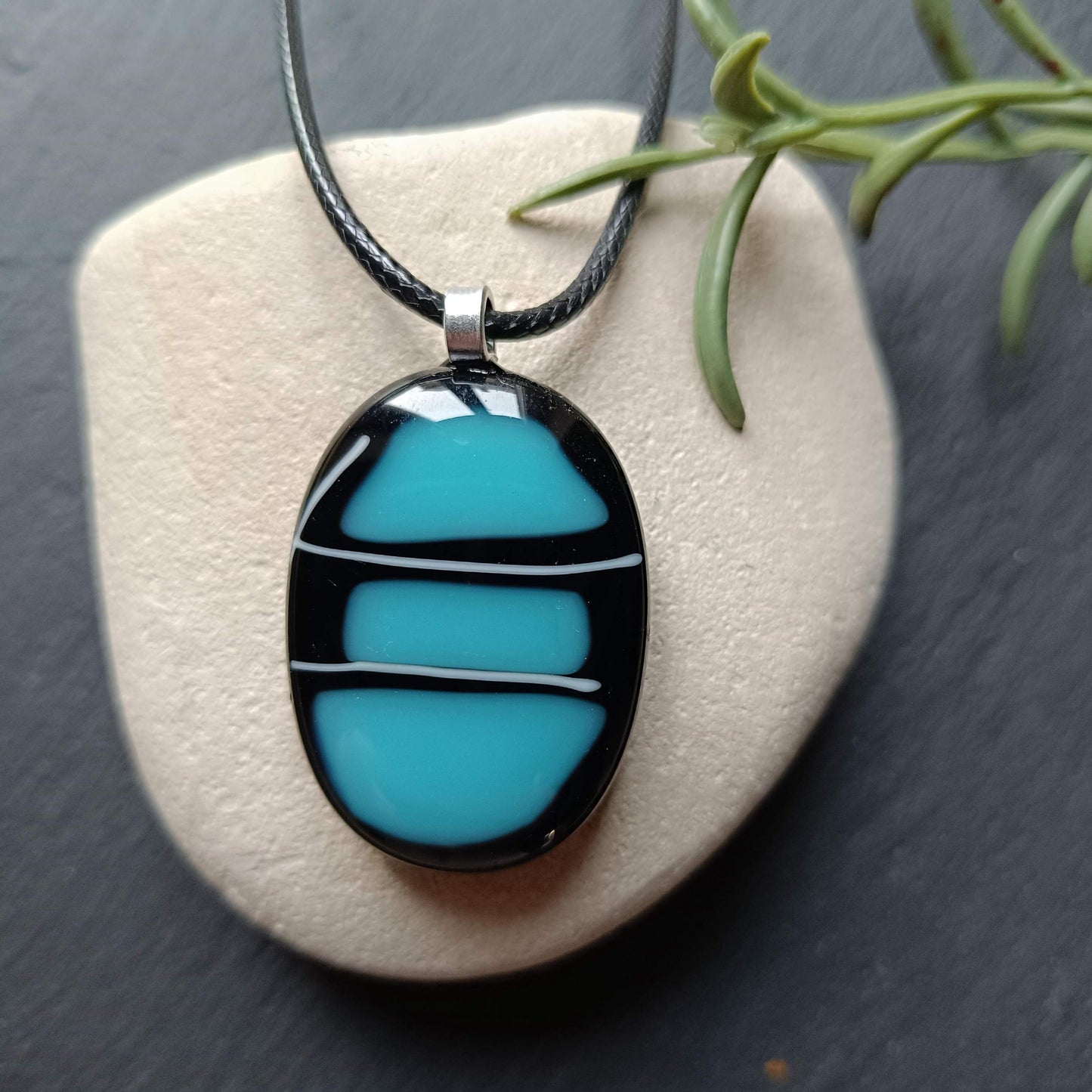 Handcrafted Black and Turquoise Glass Pendant Necklace - Unique Statement Jewellery - Letterbox Gift - One off Funky Gift for Her
