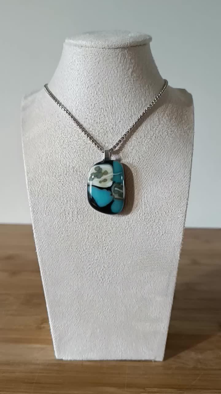Fused turquoise blue and black glass funky handcrafted pendant with necklace - handmade jewelry