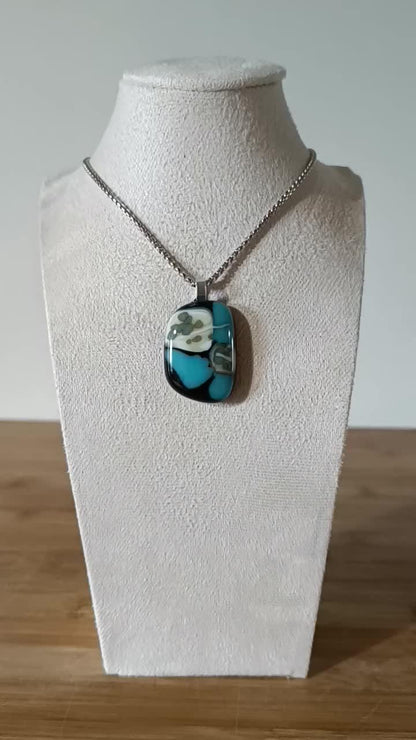 Fused turquoise blue and black glass funky handcrafted pendant with necklace - handmade jewelry