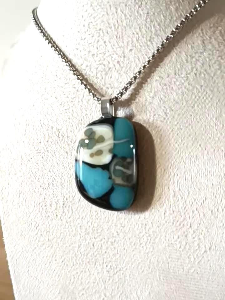 Fused turquoise blue and black glass funky handcrafted pendant with necklace - handmade jewelry