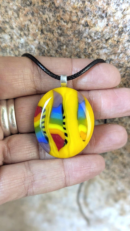 Yellow and rainbow fused glass pendant with cord necklace, handmade jewellery