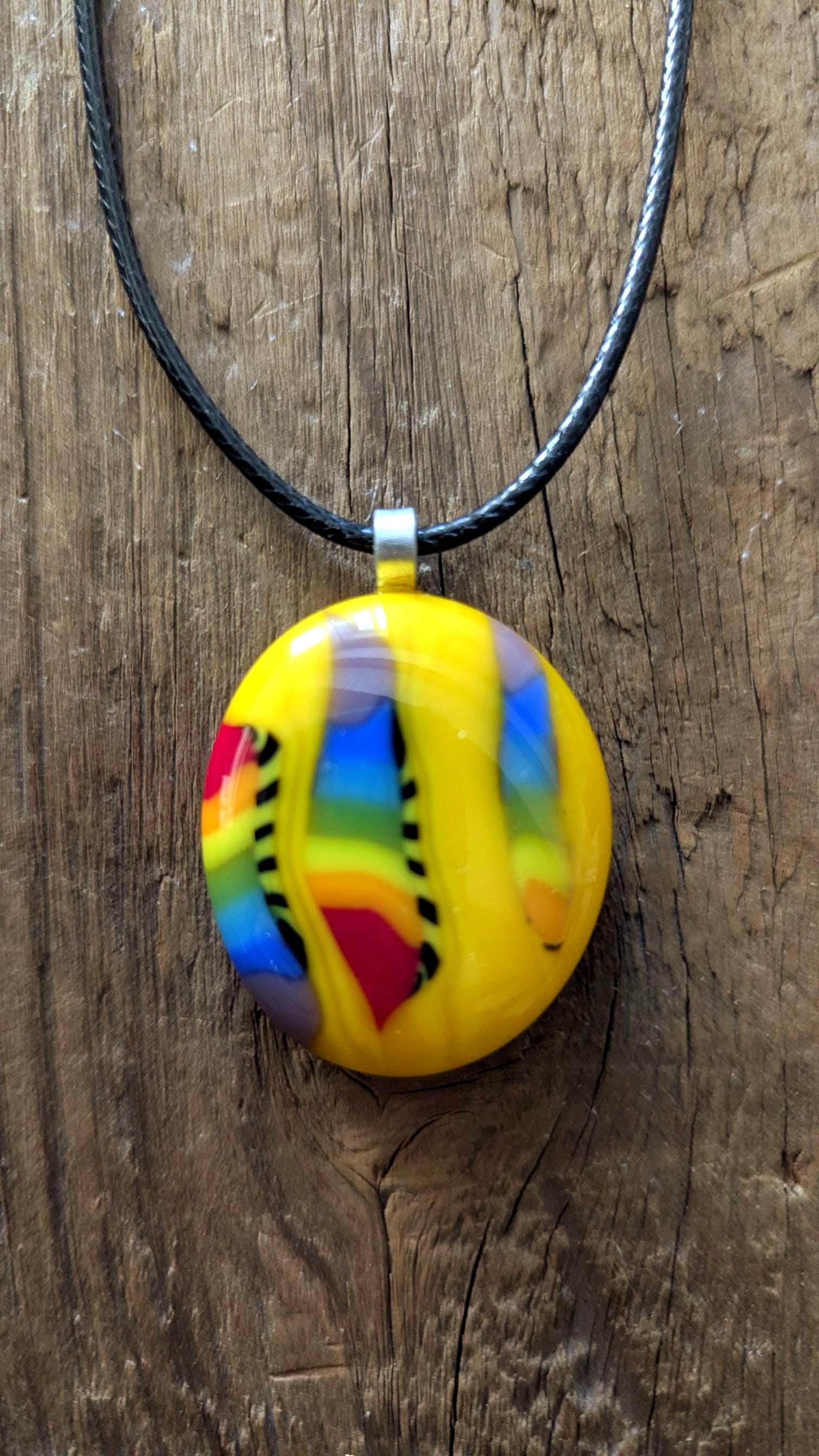 Yellow and rainbow fused glass pendant with cord necklace, handmade jewellery