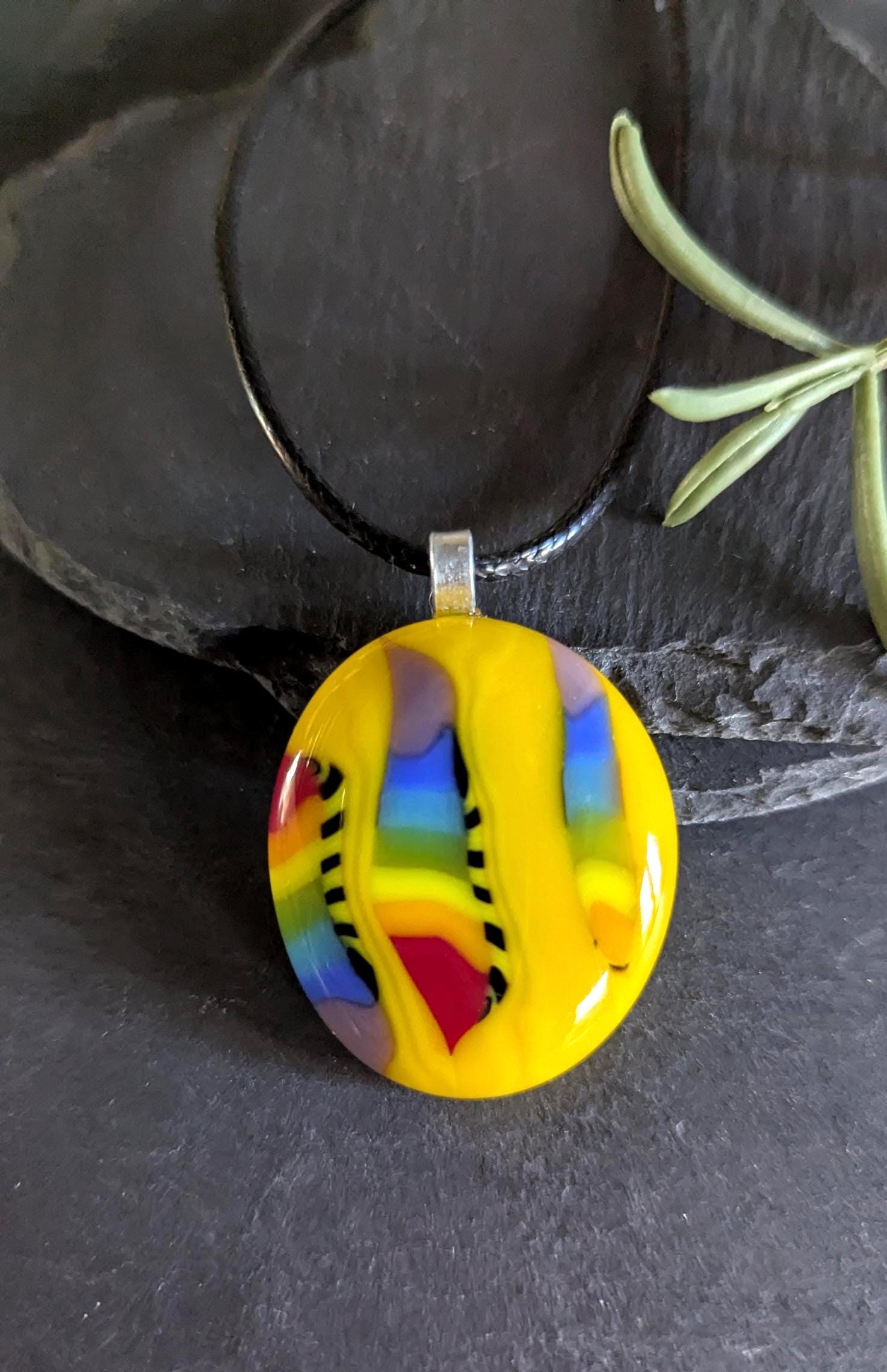 Yellow and rainbow fused glass pendant with cord necklace, handmade jewellery