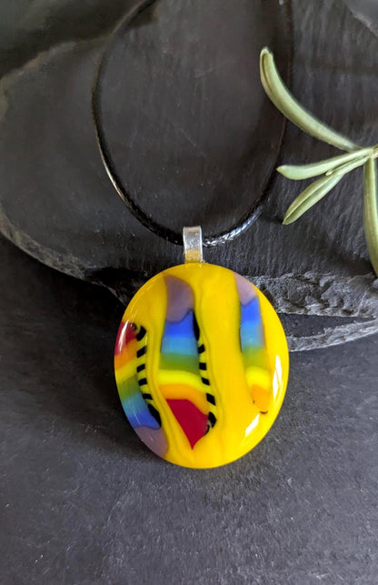 Yellow and rainbow fused glass pendant with cord necklace, handmade jewellery