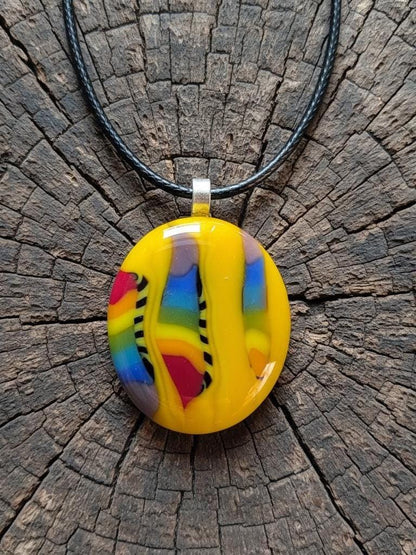 Yellow and rainbow fused glass pendant with cord necklace, handmade jewellery