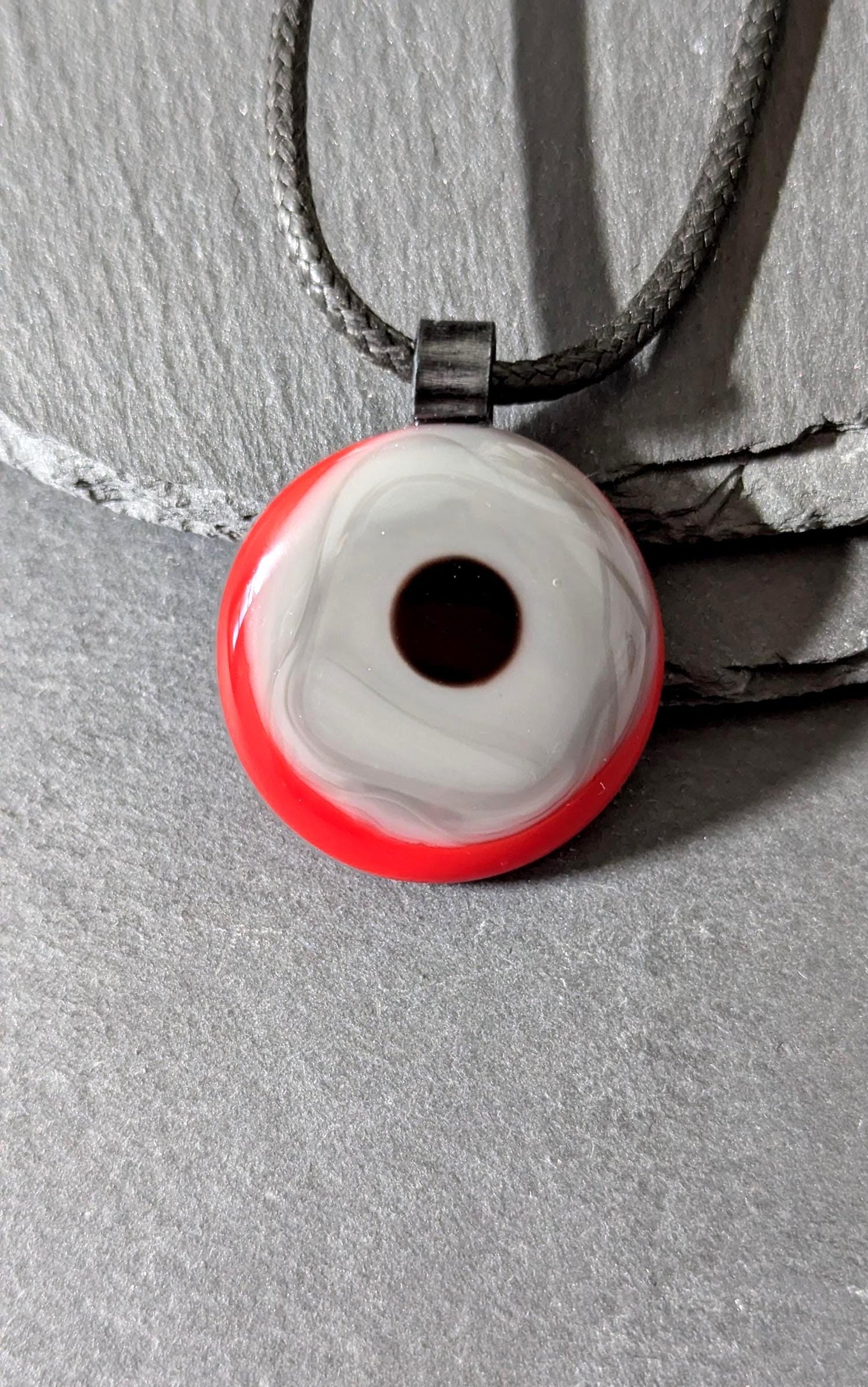 Red, grey and black circles fused glass pendant with cord necklace, handmade jewellery