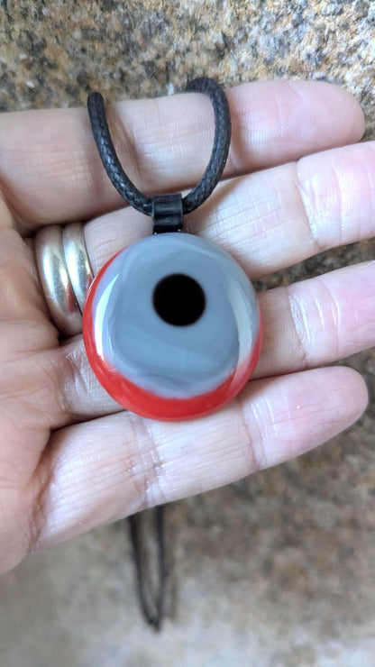 Red, grey and black circles fused glass pendant with cord necklace, handmade jewellery