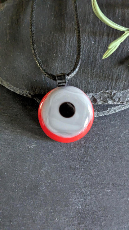 Red, grey and black circles fused glass pendant with cord necklace, handmade jewellery