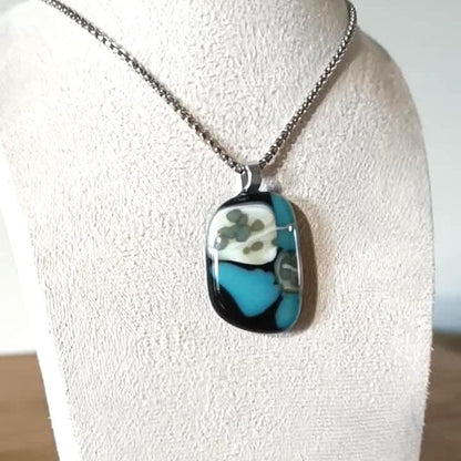 Fused turquoise blue and black glass funky handcrafted pendant with necklace - handmade jewelry
