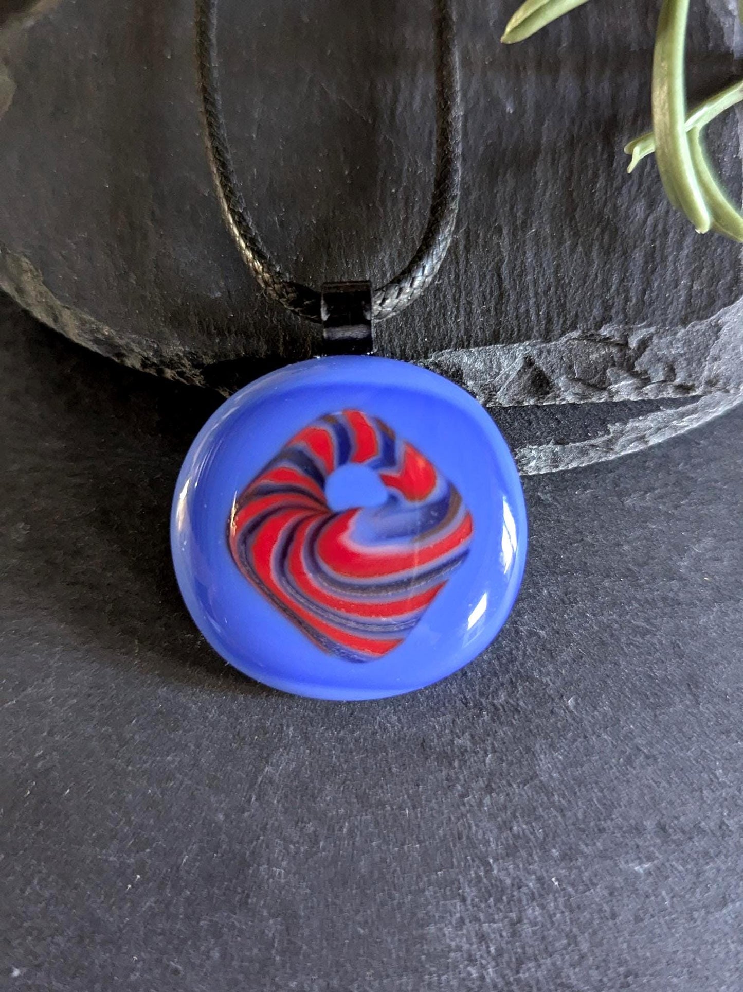 Blue and red patterned fused glass pendant with cord necklace, handmade jewellery
