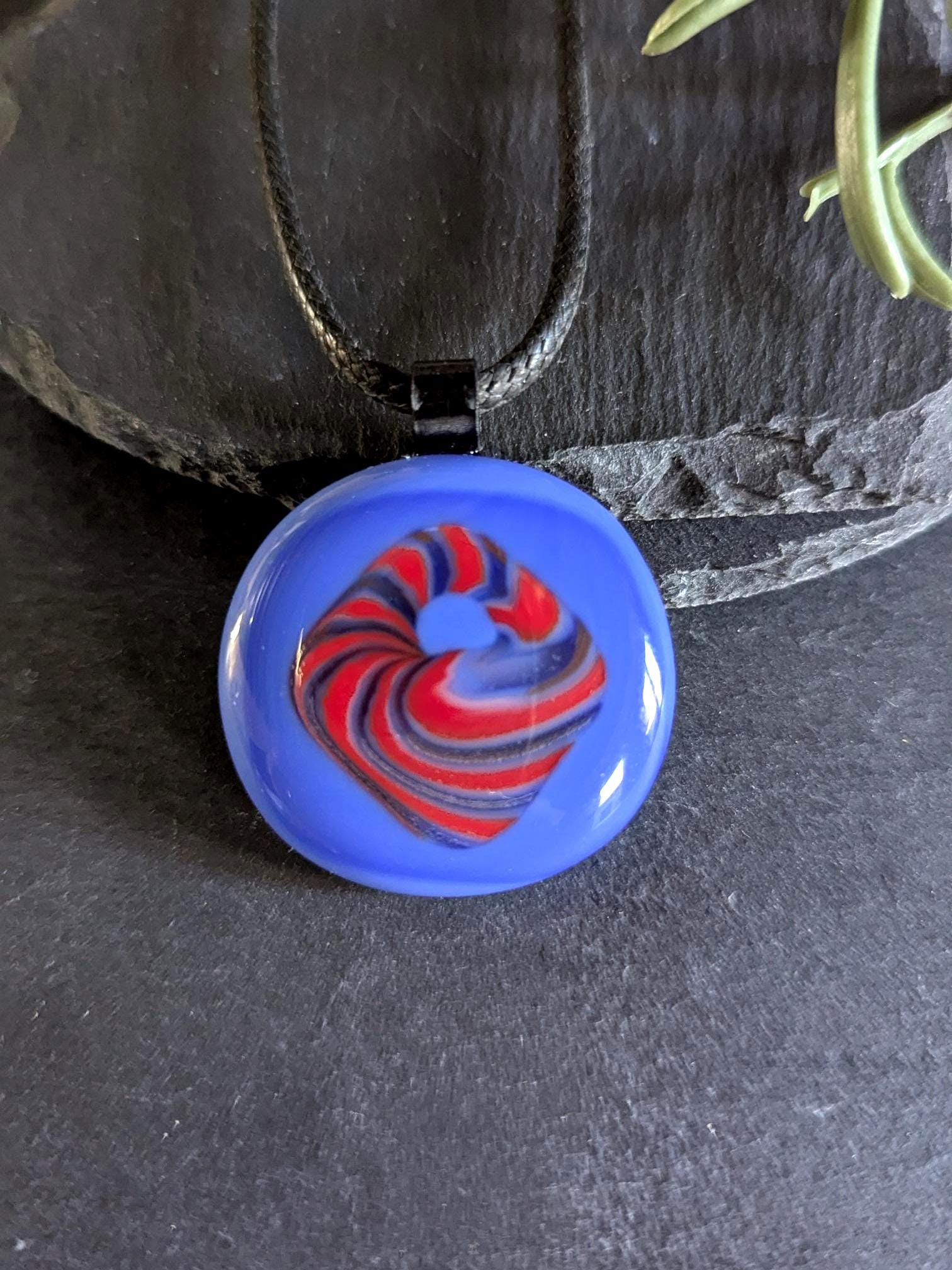 Blue and red patterned fused glass pendant with cord necklace, handmade jewellery