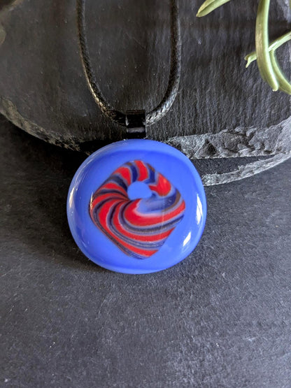 Blue and red patterned fused glass pendant with cord necklace, handmade jewellery
