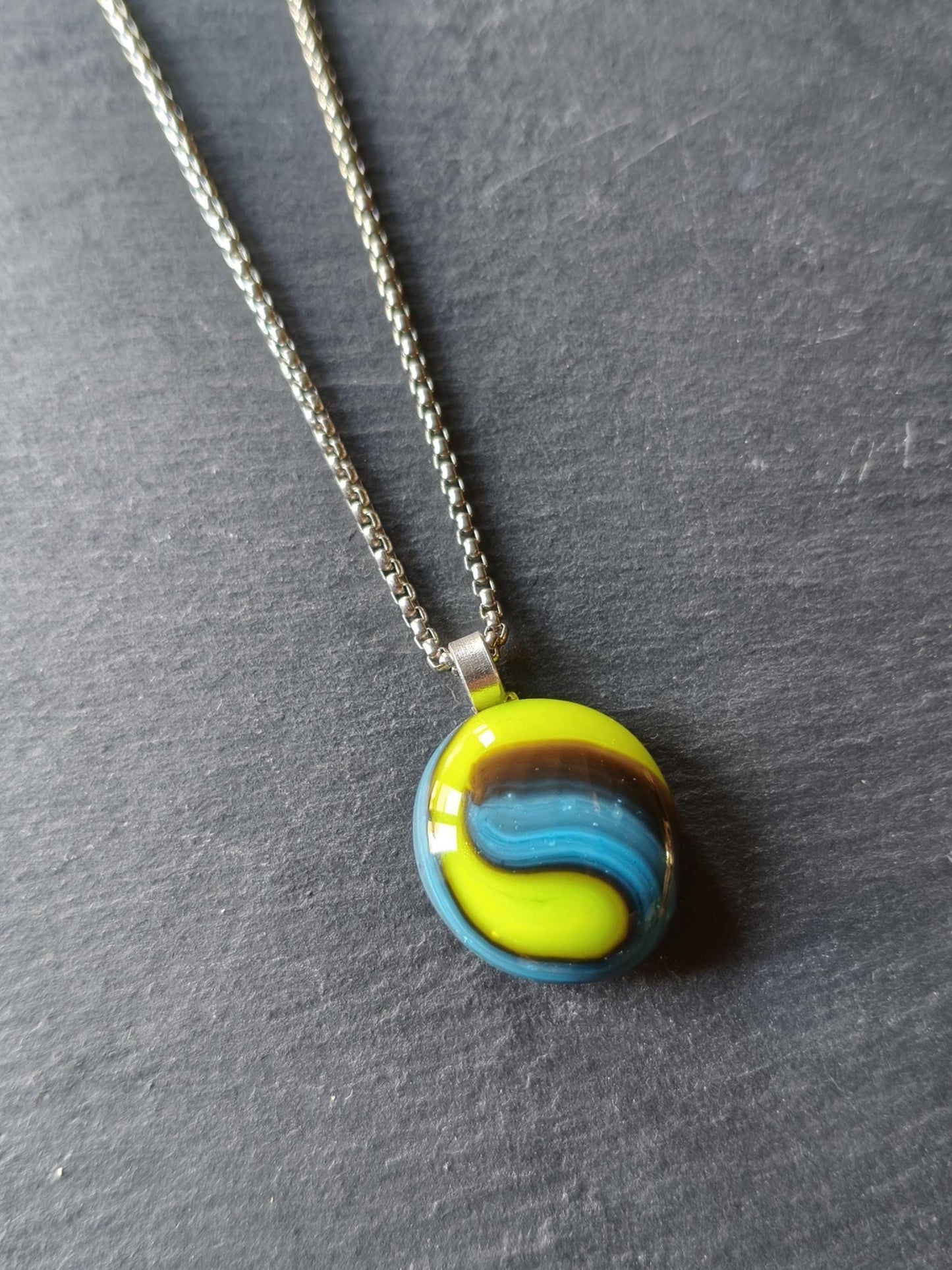 Handcrafted green and blue glass necklace pendant, melted marble creation, gender-neutral gift, small birthday gift, easy to mail