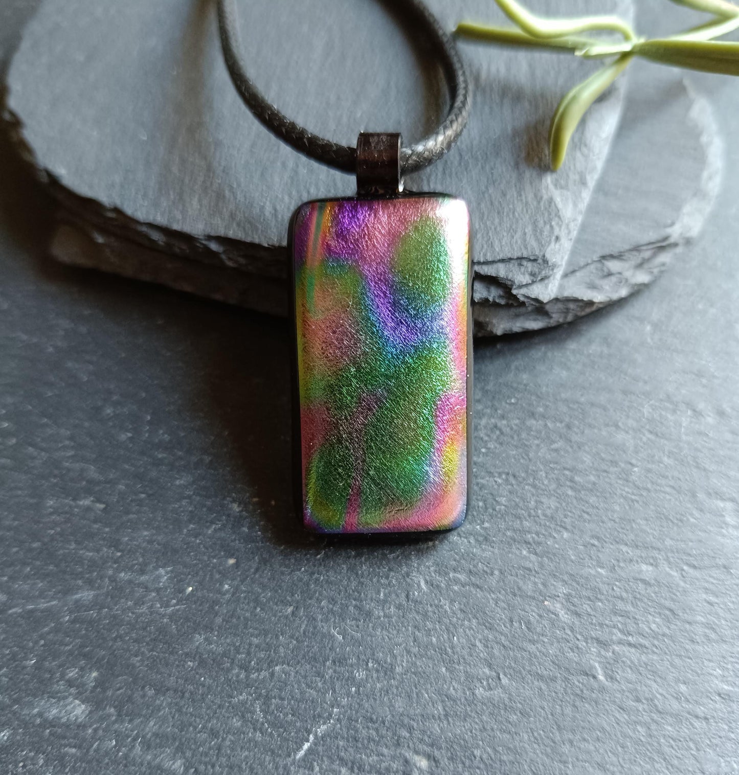 Dichroic fused glass pendant on black cord necklace; rainbow necklace with iridescent hues; artisan handmade jewellery gift.
