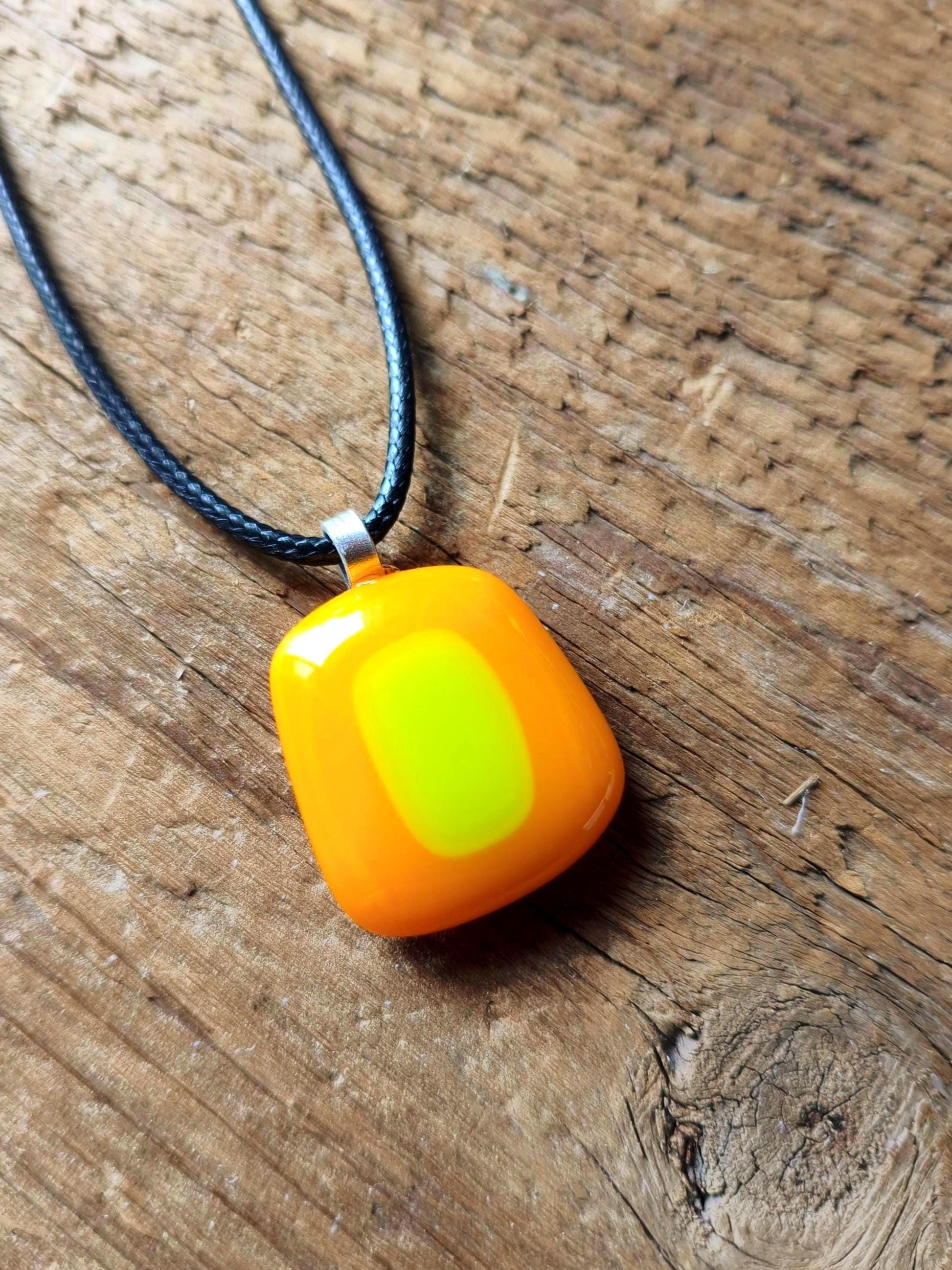 Unique orange summer vibrant fused glass pendant necklace