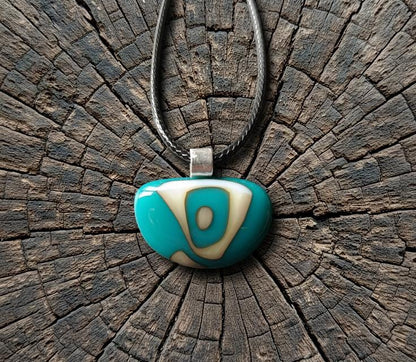 Turquoise and vanilla fused glass pendant necklace, unique handmade jewellery, easy to mail gift