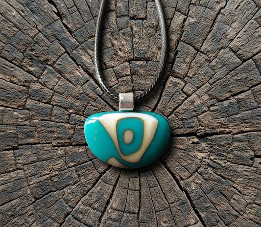 Turquoise and vanilla fused glass pendant necklace, unique handmade jewellery, easy to mail gift