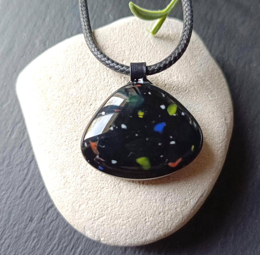 Handcrafted speckled black glass necklace pendant, created from an old marble