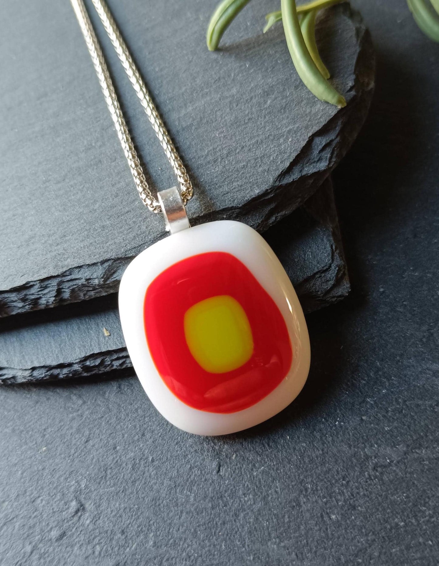 Red, white and lime fused glass pendant with necklace, gift for her, artisan jewellery, easy to post birthday gift - BlixxiCreations