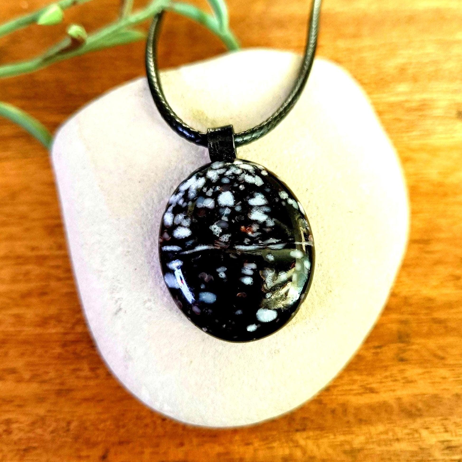 Handcrafted black glass necklace pendant, melted marble creation, gift for him or for her - BlixxiCreations