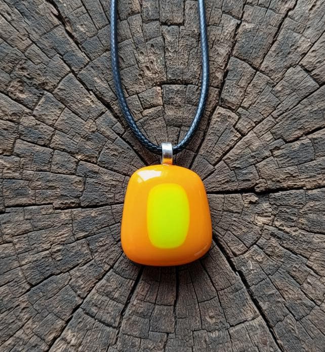 Unique orange summer vibrant fused glass pendant necklace
