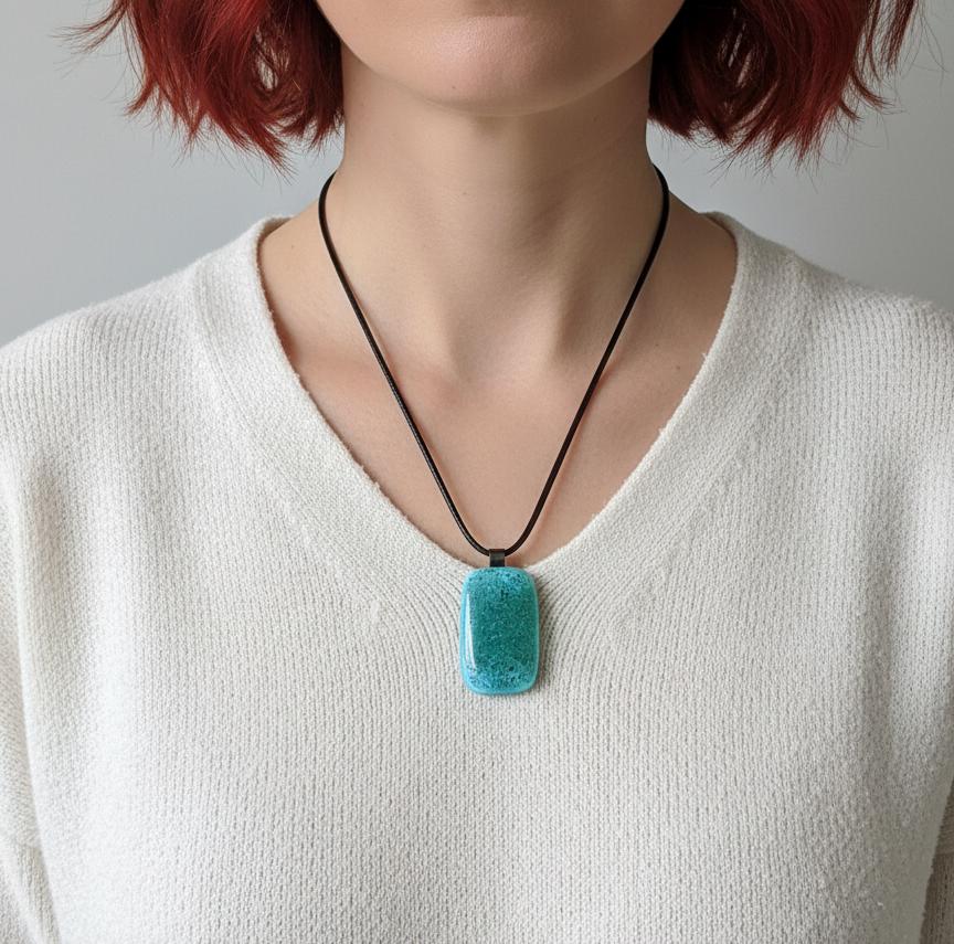 Turquoise blue crackle fused glass pendant necklace, handmade jewelry - BlixxiCreations