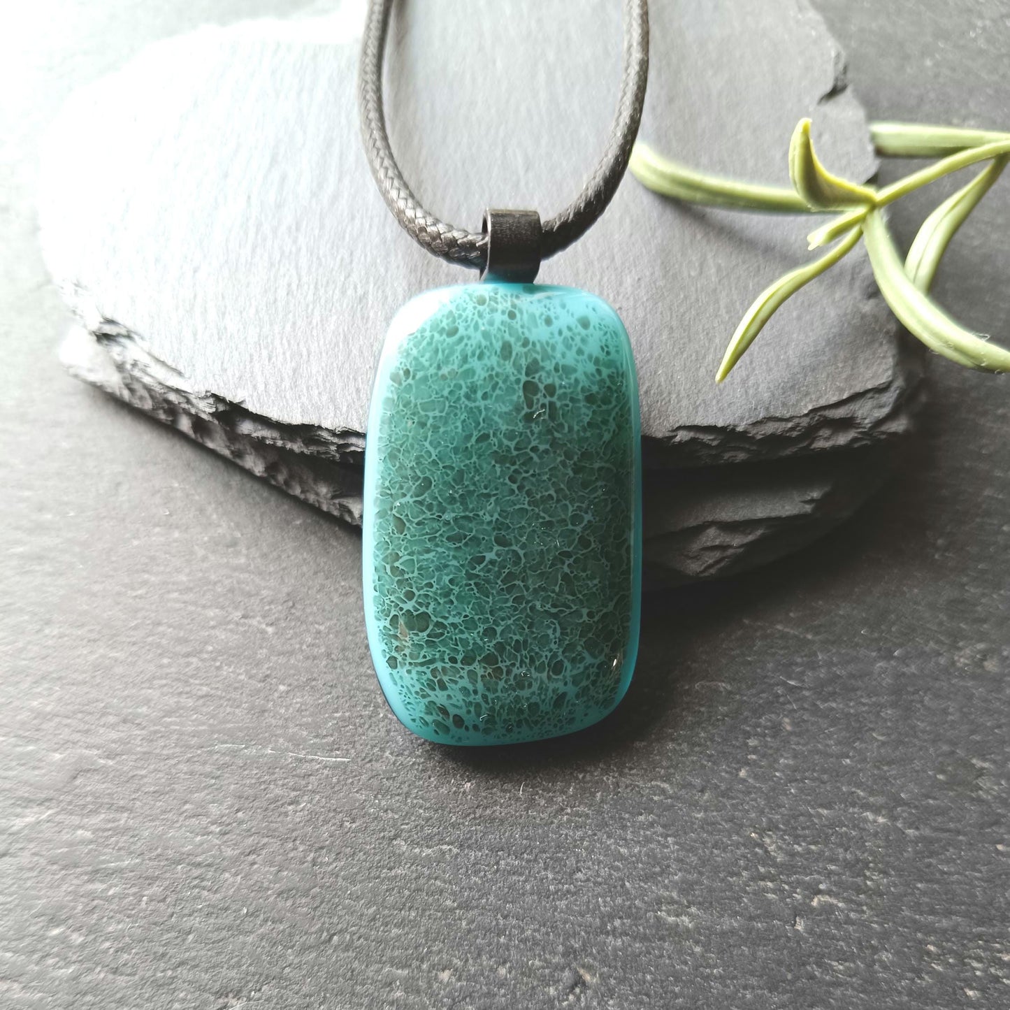 Turquoise blue crackle fused glass pendant necklace, handmade jewelry - BlixxiCreations