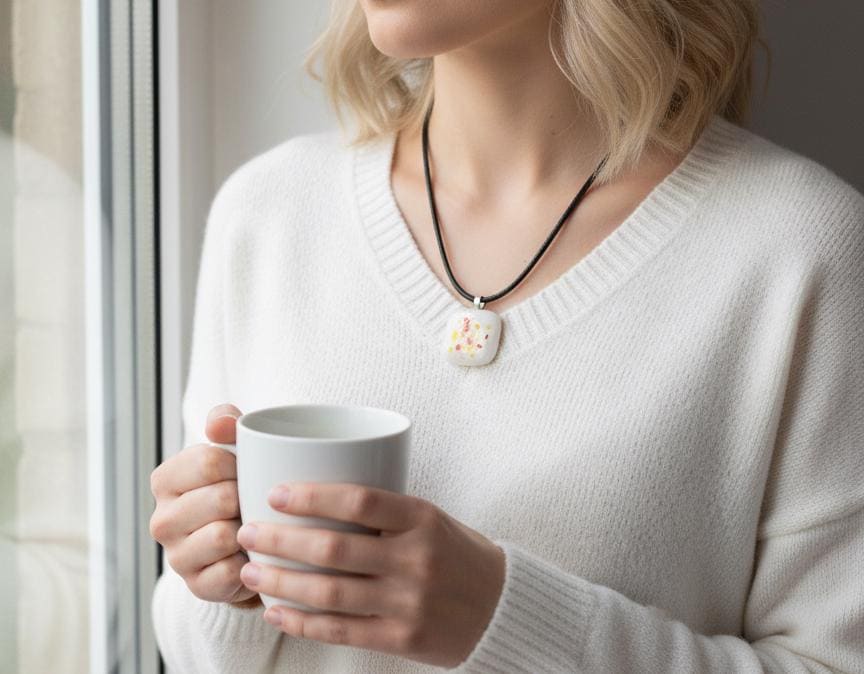 White speckled fused glass pendant necklace, unique handmade jewellery - BlixxiCreations