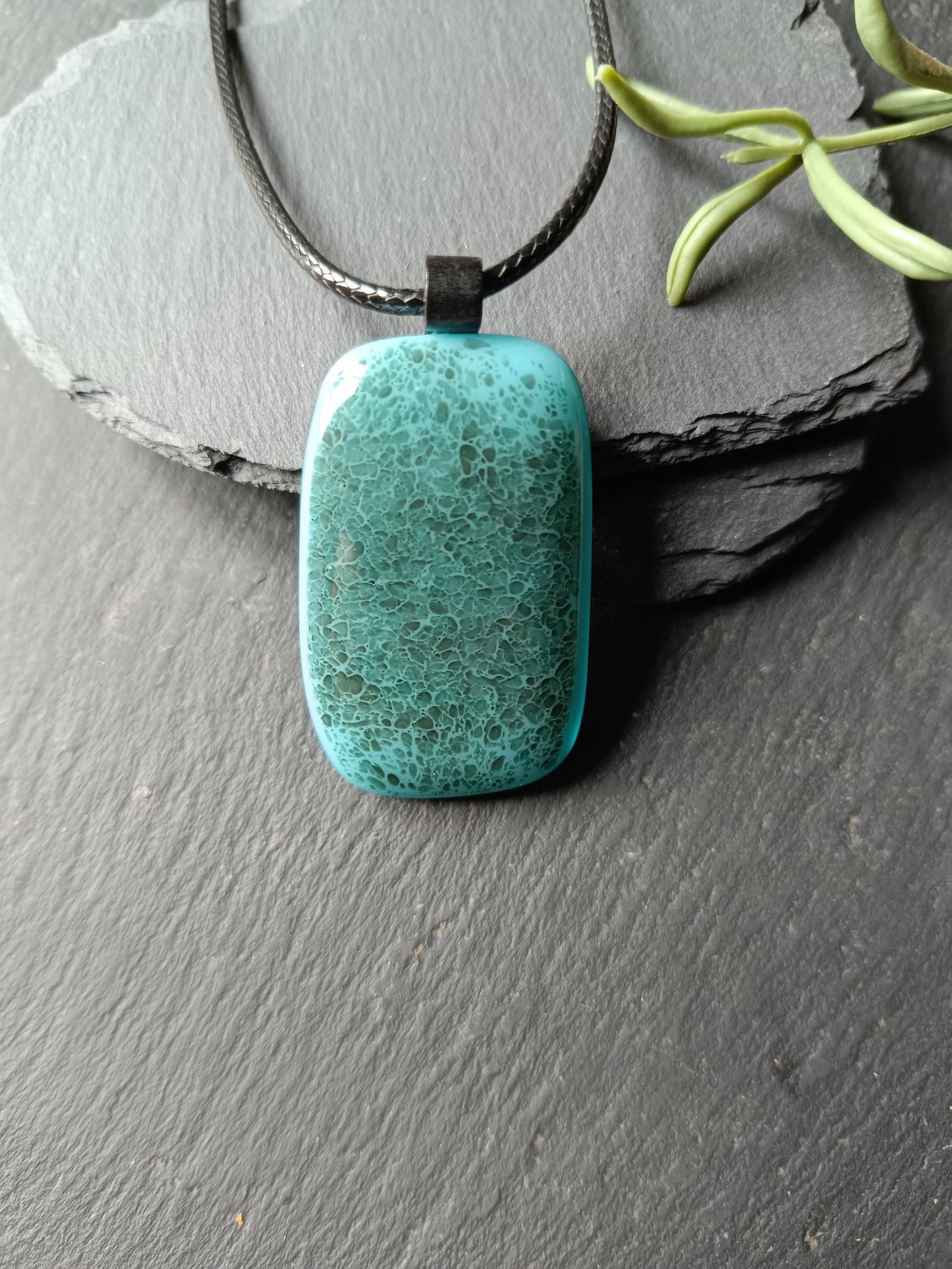 Turquoise blue crackle fused glass pendant necklace, handmade jewelry - BlixxiCreations