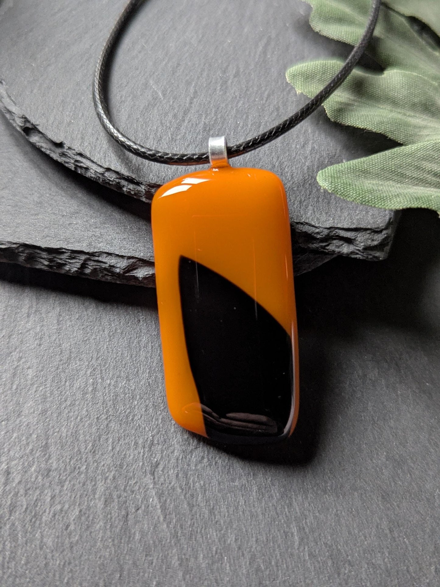 Orange and black fused glass pendant necklace, artisan handmade jewellery