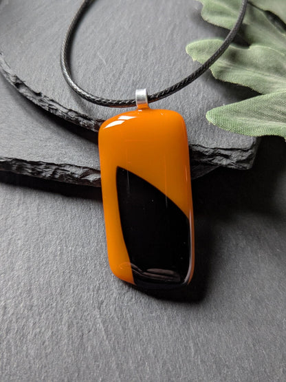 Orange and black fused glass pendant necklace, artisan handmade jewellery