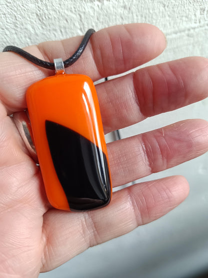 Orange and black fused glass pendant necklace, artisan handmade jewellery