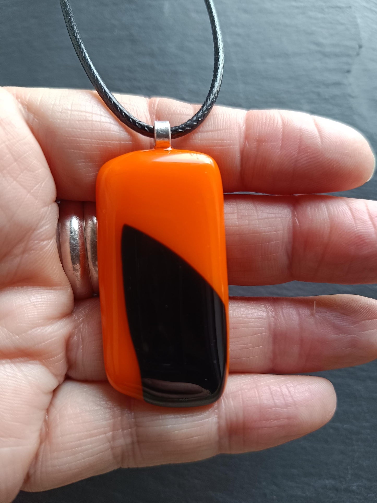 Orange and black fused glass pendant necklace, artisan handmade jewellery