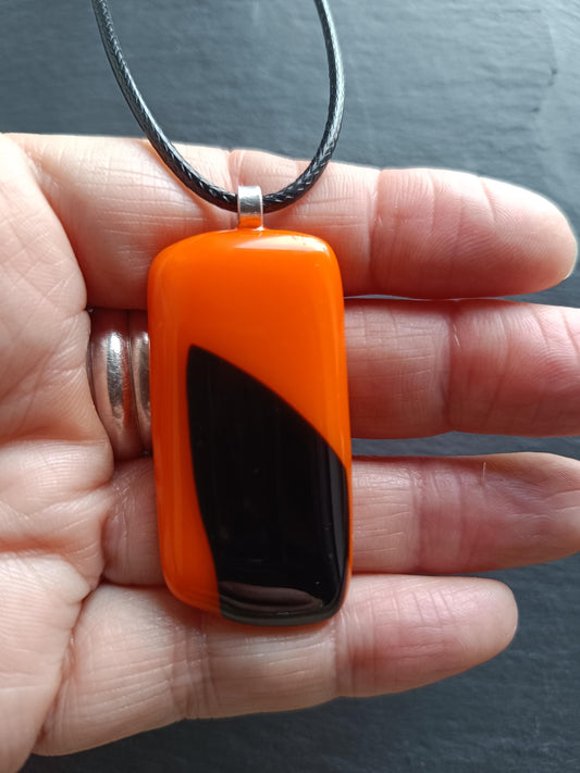 Orange and black fused glass pendant necklace, artisan handmade jewellery