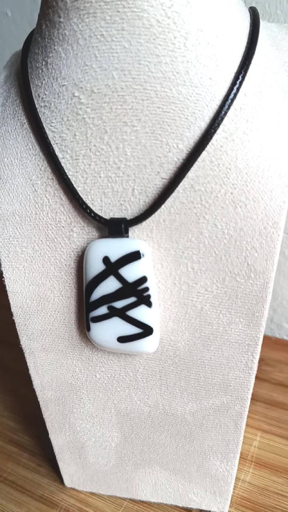 Handmade black and white fused glass pendant necklace, Boho chic birthday gift for her