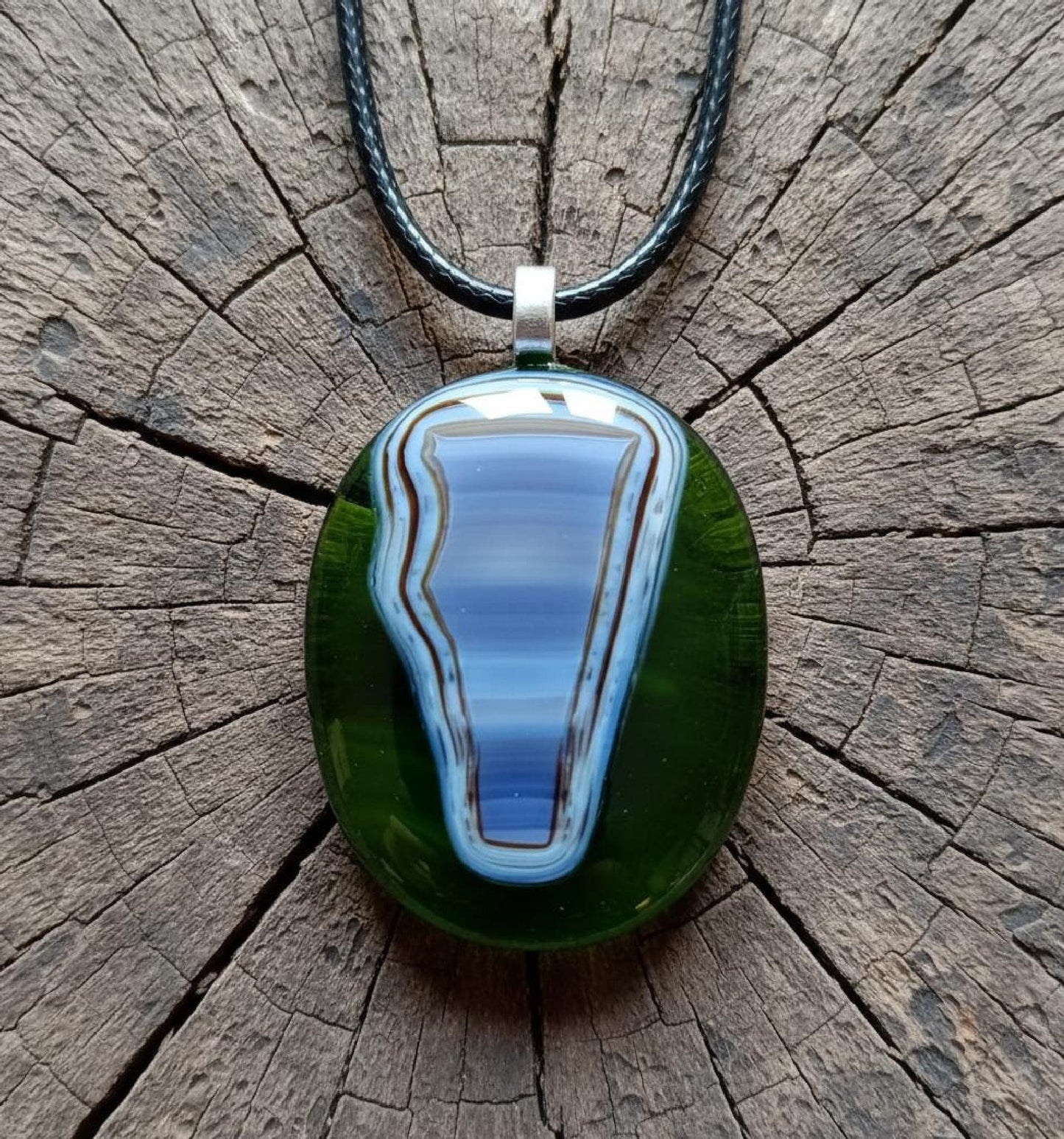 Handmade large green fused glass abstract design pendant necklace