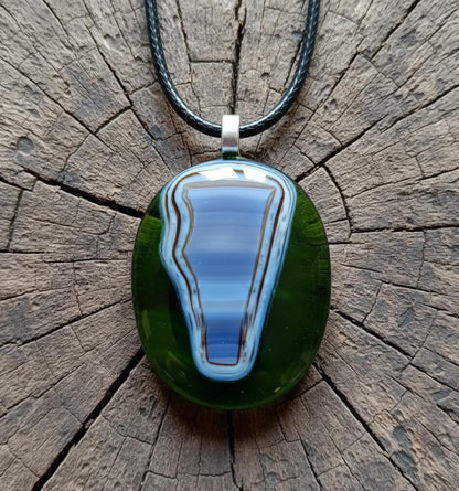 Handmade large green fused glass abstract design pendant necklace