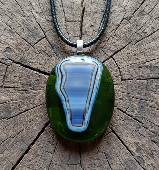 Handmade large green fused glass abstract design pendant necklace