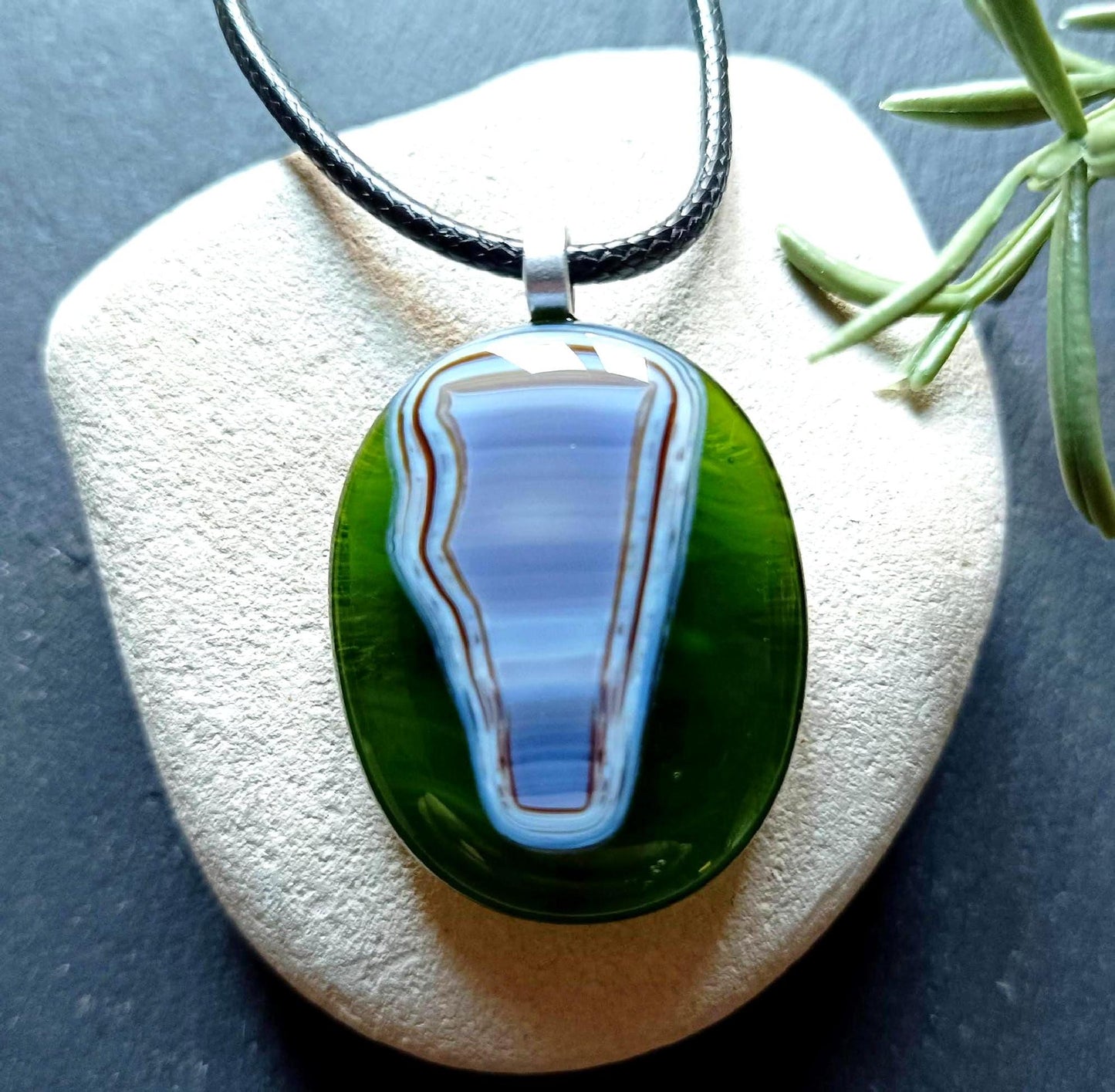 Handmade large green fused glass abstract design pendant necklace