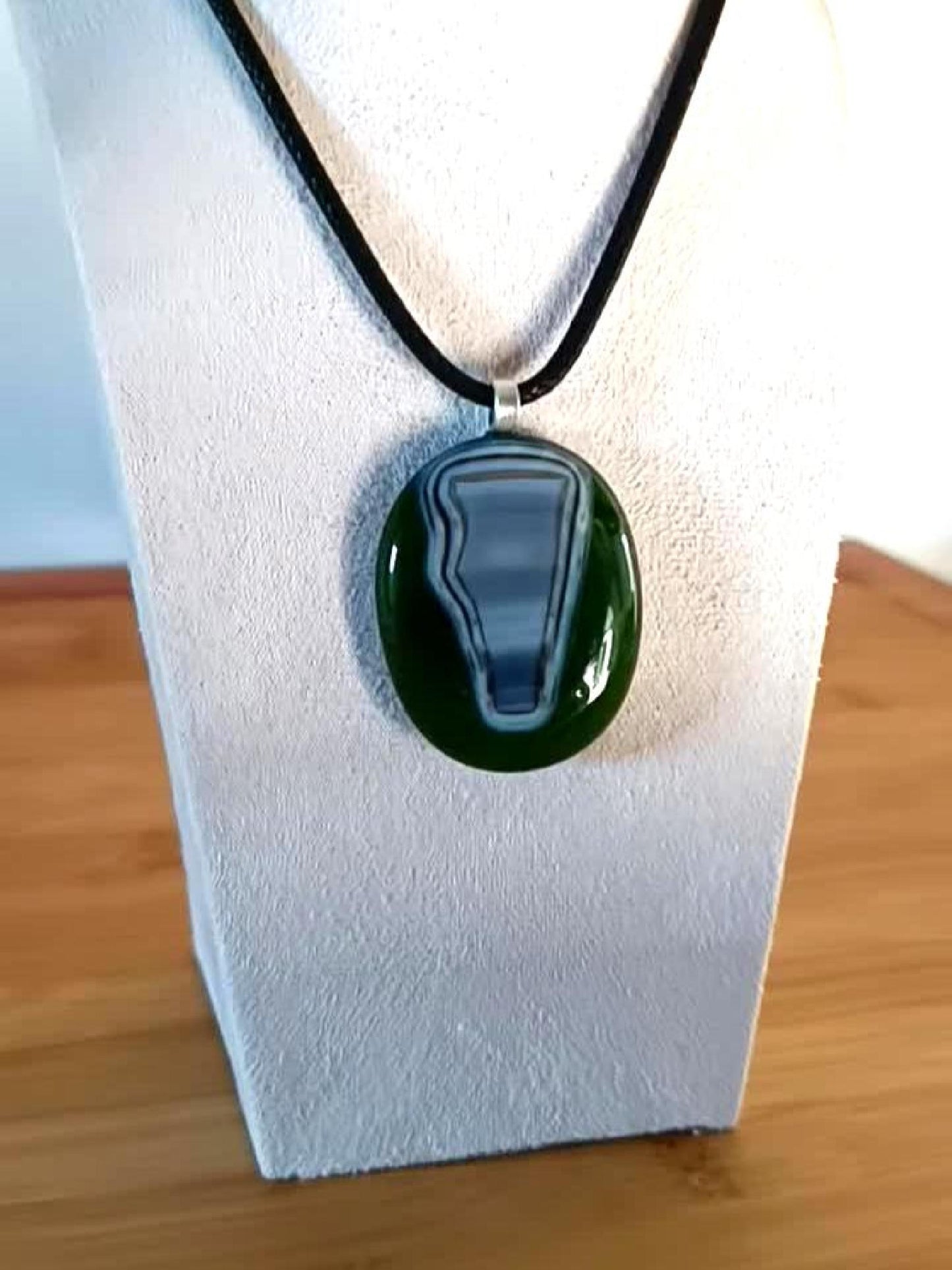 Handmade large green fused glass abstract design pendant necklace