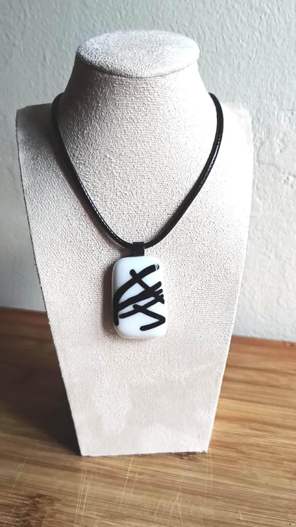 Handmade black and white fused glass pendant necklace, Boho chic birthday gift for her