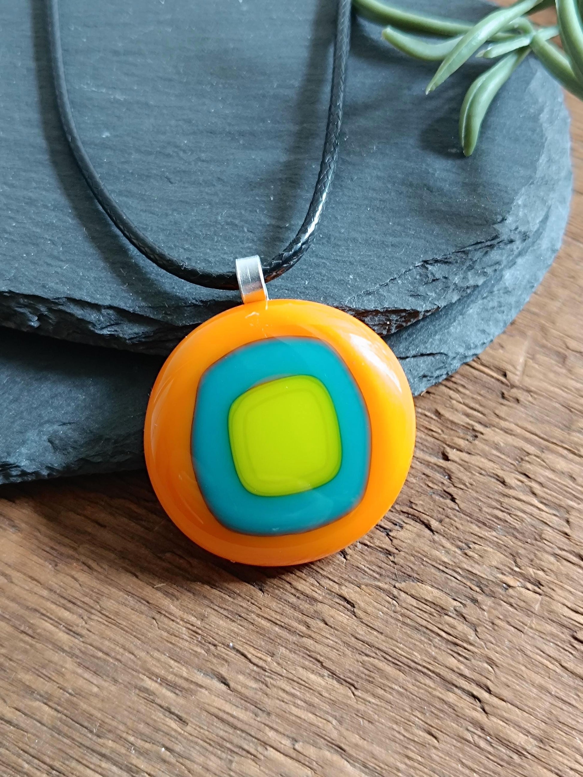 Handmade Fused Glass Pendant Necklace, Artisan Statement Jewelry, Colorful Wearable Art